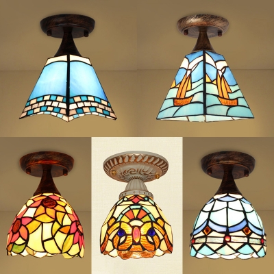 1 Light Ceiling Light Tiffany Style Stained Glass Flush Mount Light for Living Room Hallway