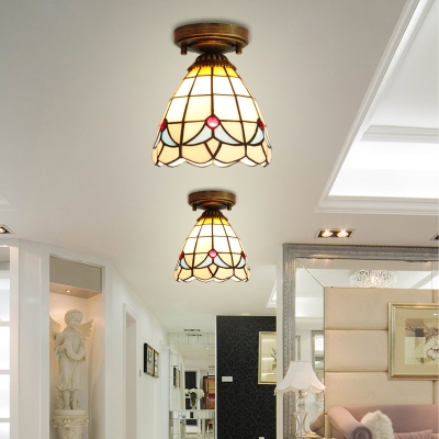 1 Light Cone Flush Light Tiffany Style Rustic Stained Glass Ceiling Lamp for Hallway