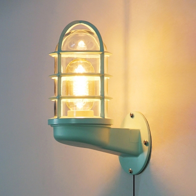 1 Light Plug In Sconce Lamp Caged Industrial Metal Glass Wall Light in Green for Bar Coffee Shop