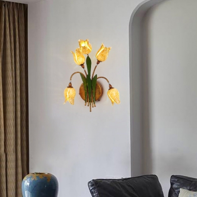 2/3/5 Lights Bloom Shape Wall Lamp Decorative Yellow Glass Metal Wall Light for Living Room Restaurant