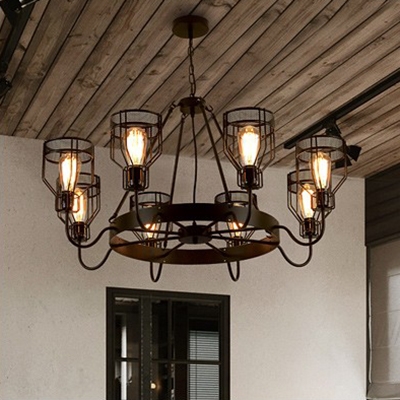 6 Lights/8 Lights Caged Ceiling Pendant Rustic Metal Chandelier Lighting with Hanging Chain in Black