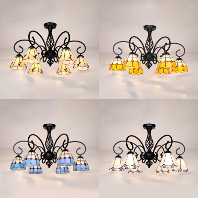 6 Lights Cone Ceiling Lamp Tiffany Style Antique Metal Semi Flush Ceiling Light in White/Blue/Yellow/Beige