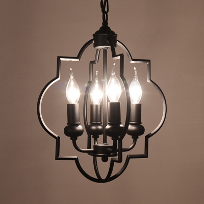 Antique Style Candle Shape Chandelier Metal 4 Lights Black Suspension Light for Hotel Restaurant
