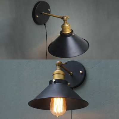 Antique Style Cone Wall Sconce 1 Light Metal Wall Lamp with Plug In Cord in Black for Dining Room