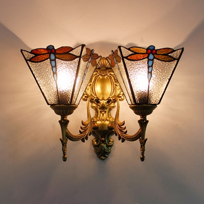 Antique Style Dragonfly Wall Light 2 Lights Stained Glass Sconce Light for Restaurant Hotel