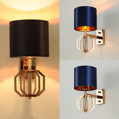 Antique Style Sconce Light with Blue Drum Shape 1 Light Metal Wall Light for Bedroom Living Room