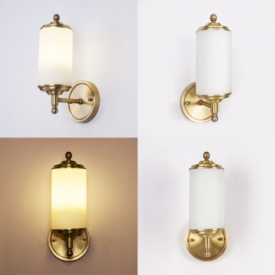 Contemporary Cylinder Shade Wall Lamp Glass Metal 1 Light Brass Wall Lamp for Bedroom Hallway