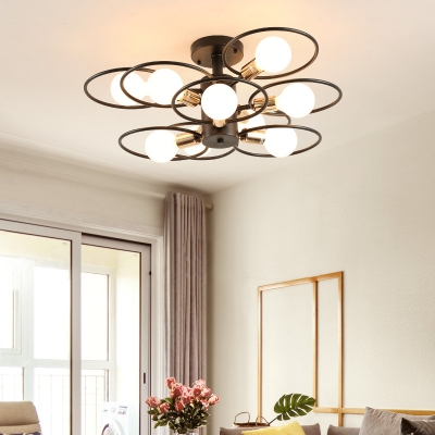Creative Ring Semi Flush Light Metal 3/6/9 Lights Black Ceiling Lamp for Living Room
