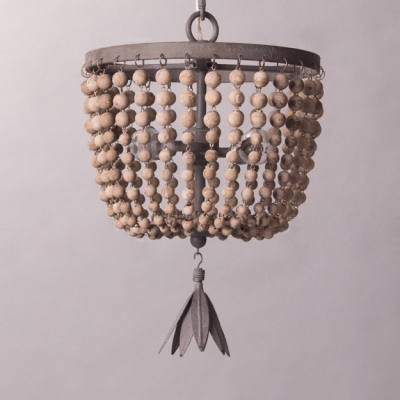 Domed Shape Bedroom Hanging Light Metal and Wooden Beads 2 Lights Antique Style Chandelier in Bronze