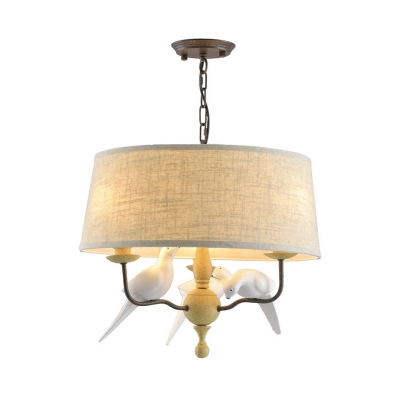 Drum Shape Ceiling Light Living Room 3 Lights Rustic Style Fabric Chandelier with Bird Decoration in Beige