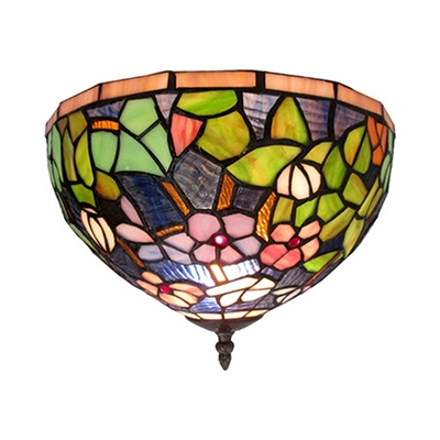Floral Theme Stained Glass Ceiling Light with Bowl Shade 11.81