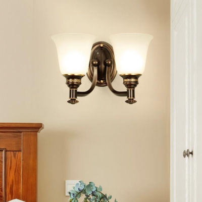 Frosted Glass Bell Shade Wall Lamp Bedroom Foyer 1/2 Lights Antique Style Sconce Light in Black