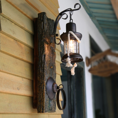 Lantern Wall Light with Wood Backplate Single Light Rustic Lodge Wall Lamp in Aged Bronze