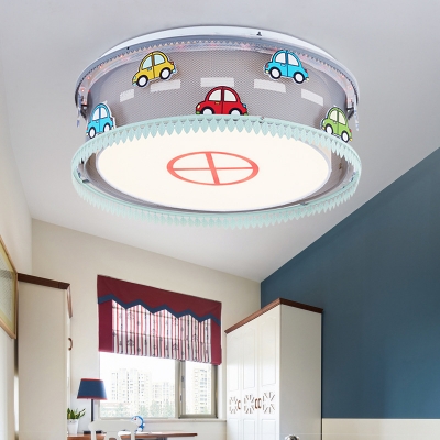 Metal Acrylic Slim Panel Ceiling Light Drum Shape Car Pattern LED Flush Mount Light for Kindergarten
