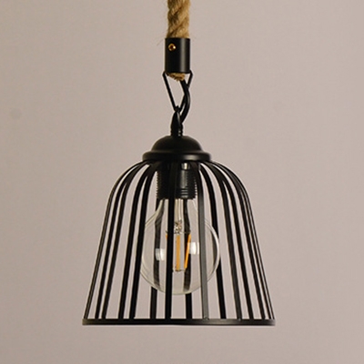Metal and Rope Bell Hanging Lamp Single Light Industrial Hanging Light in Black for Kitchen Restaurant