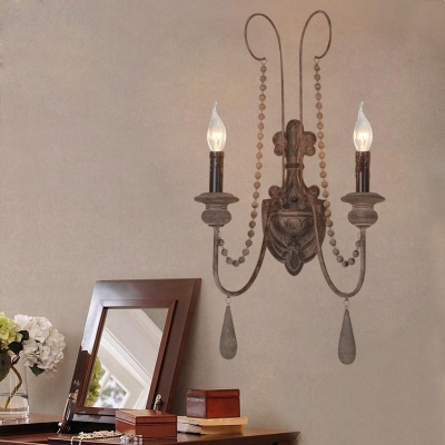 Metal Candle Shade Wall Light Dining Room 2 Lights Antique Style Light Fixture with Wooden Beads