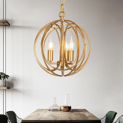 Metal Globe Shape Chandelier Living Room 1/3 Light American Rustic LED Pendant Lighting in Gold