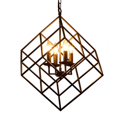 Metal Wire Frame Ceiling Light 4 Lights Vintage Chandelier in Black for Dining Room