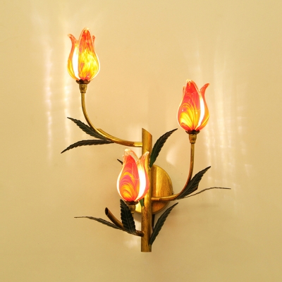 Red Flower Sconce Light 2/3 Lights Rustic Style Glass Metal Wall Lamp for Restaurant Foyer