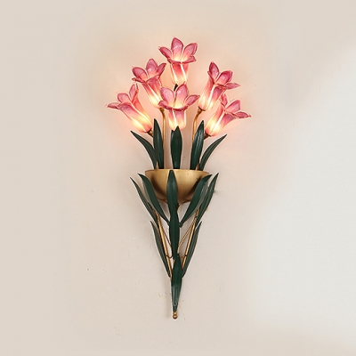 Romantic Tulip Bouquet Wall Lamp 6/10 Lights Pink Glass Metal Sconce Light for Bedroom Living Room