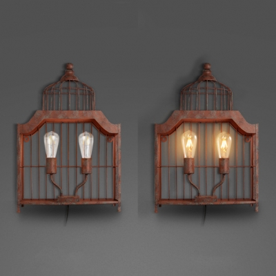 Rust Birdcage Shape Sconce Light 2 Lights Rustic Style Metal Wall Light for Balcony Hallway