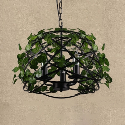 Rustic Chandelier with Cage and Leaf Decoration Kitchen 3 Lights Metal Chandelier Light