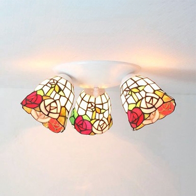 Rustic Style Flush Ceiling Light 3 Lights Stained Glass Flower Ceiling Lamp for Hotel
