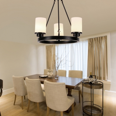 Simple Style Cylinder Chandelier Frosted Glass 3/6/8 Lights Black Pendant Light for Dining Room