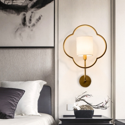 Simple White Drum Shade Wall Sconce 1 Light Metal and Fabric Wall Light for Bedroom Hotel Study