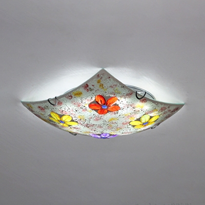 Square Ceiling Mount Light Rustic Style Stained Glass Ceiling Light in Purple/Pink for Bedroom