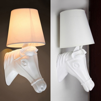 Traditional Sconce Light with Black/White Tapered Shade and Horse Decoration Single Light Resin and Fabric Wall Light for Hotel