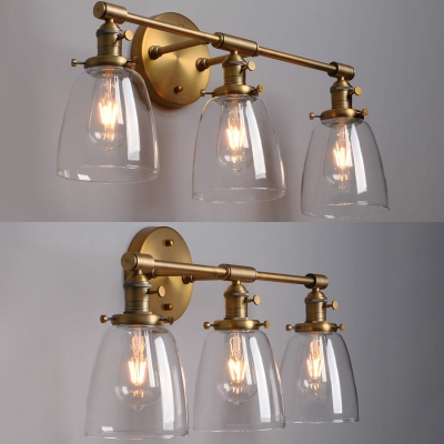 Vintage Style Brass Wall Lamp with Bell Shape 3 Lights Metal and Clear Glass Wall Light for Hallway