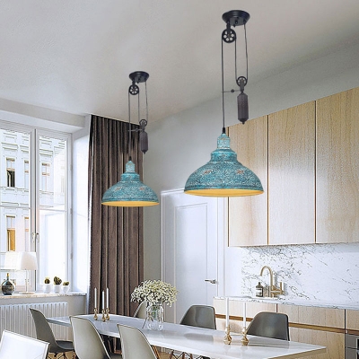 Vintage Style Dome Shape Hanging Light with Pulley 1 Light Metal Pendant Lighting for Dining Room
