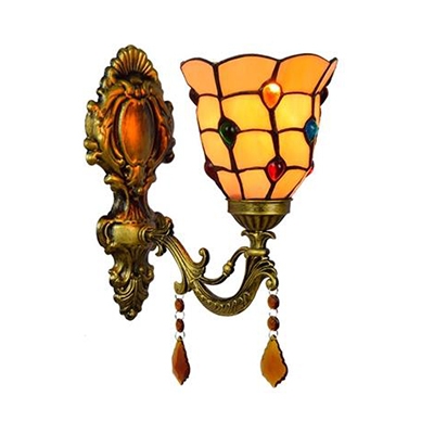 1 Light Bell Wall Sconce Tiffany Style Antique Glass Sconce Light with Jewelry Crystal for Hotel