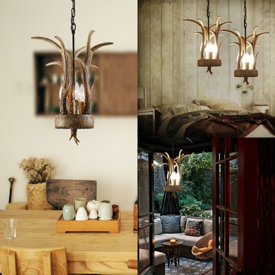 3 Lights Antler Pendant Light with Candle Rustic Resin Hanging Light in Yellow with Adjustable Chain