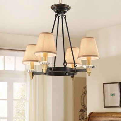 4/8 Lights Tapered Shade Chandelier Rustic Style Metal and Fabric Hanging Light for Living Room Foyer