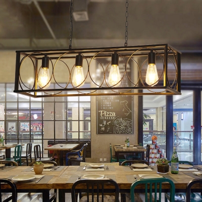 4 Lights Rectangle Hanging Light Vintage Style Metal Island Pendant in Black for Dining Room