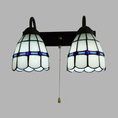 Antique Style Dome Wall Light Glass 2 Lights White Sconce Light with Pull Chain for Bedroom