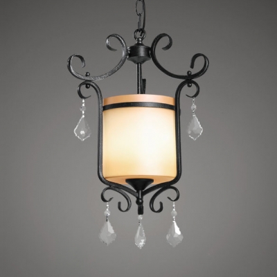 Antique Style Lantern Shape Ceiling Light with Clear Crystal 1 Light Metal Frosted Glass Pendant Light in Black and White