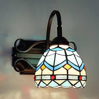 Bedroom Dome Wall Light Stained Glass and Metal 1 Light Mediterranean Style Sconce Light