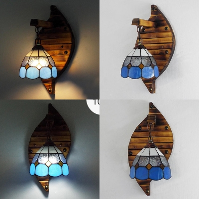 Blue Down Lighting Hanging Wall Light 1 Light Mediterranean Style Glass and Metal Wall Sconce for Bedroom