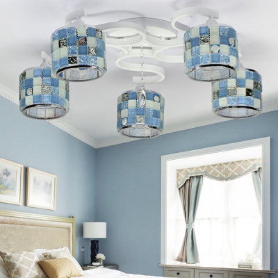 Blue Drum Semi Ceiling Mount Ceiling Light 3/5 Lights Tiffany Style Glass Light Fixture for Living Room