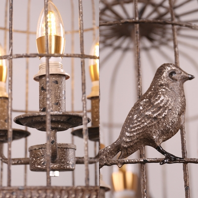Coffee Shop Birdcage Chandelier with Bird Decoration Metal 3 Lights Industrial Suspension Light