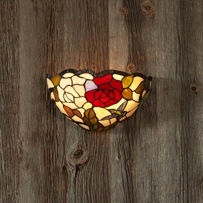 Battery Powered Tiffany Style Wall Sconce Glass Rose and Bird Pattern Sconce Light for Hallway Stair