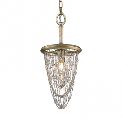 Living Room Conical Light Fixture with Clear Crystal Beads Metal 1 Light Antique Style Pendant Light
