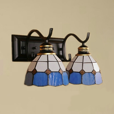 Mediterranean Style Dome Wall Light Stained Glass 2 Lights Black/White Sconce Light for Hallway
