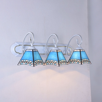 Mediterranean Style Tapered Wall Light 3 Lights Stained Glass Sconce Light in Blue for Foyer