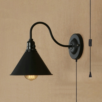 Metal Cone Shade Wall Sconce 1 Light Antique Style Plug In Wall Lighting in Black for Restaurant Shop