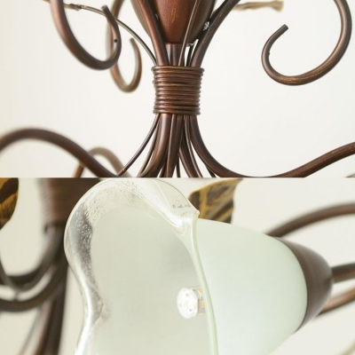 Metal Glass Pendant Light Flower Shade Leaf Decoration 6 Lights Rustic Style Chandelier for Shop Foyer