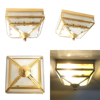 Metal Square Ceiling Fixture Dining Room 2 Lights Antique Style Flush Light in Brass